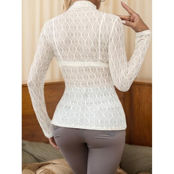 🆕 Women White Long Sleeve Mesh Top Lace Mock Neck See Through Fitted Sexy Out - Picture 3 of 7